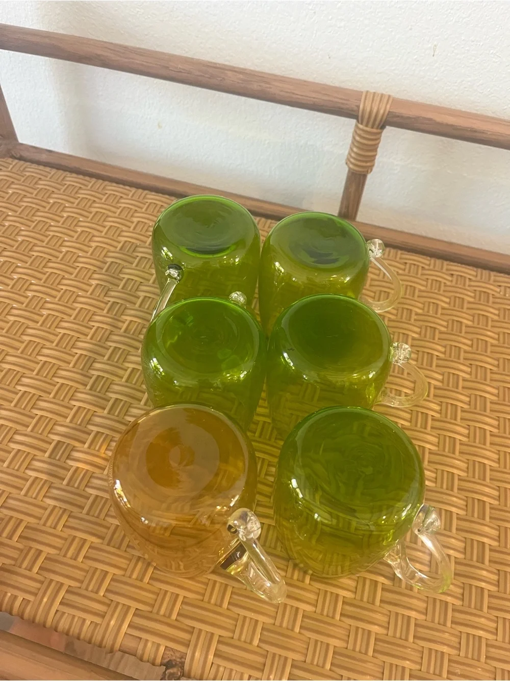 Vintage Mid-Century Modern Hand Blown Glass Supplied Handle Mugs Set Of Six